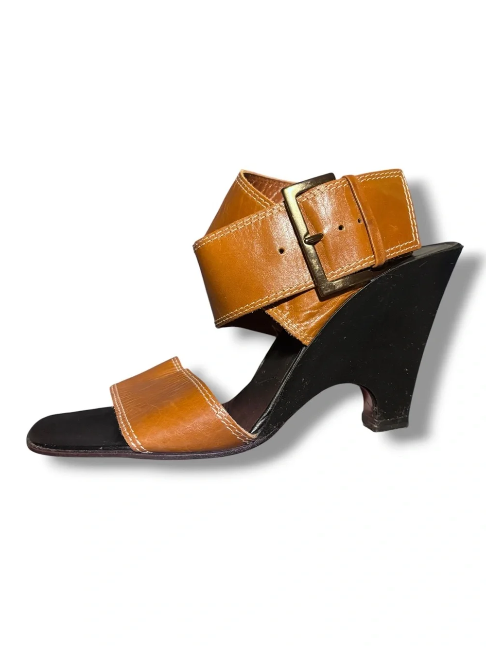 ANNE KLEIN Brown Wide Leather Ankle Wrap Wedges Contrast Stitching